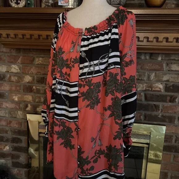 Ashley Stuart Orange & Black Blouse Size 22/24 New Button Down - Picture 2 of 7